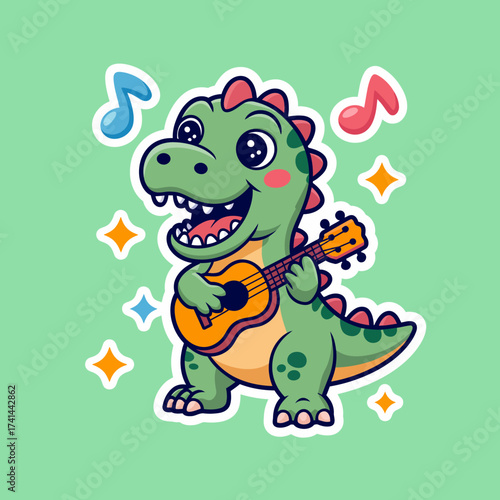 A cute dinosaur character joyfully plays the ukulele with musical notes floating around, emphasizing the playful nature of music and childhood delight.