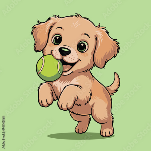 A cheerful puppy joyfully runs while holding a tennis ball, capturing the essence of playfulness and energy, making it a delightful image for pet lovers and families.