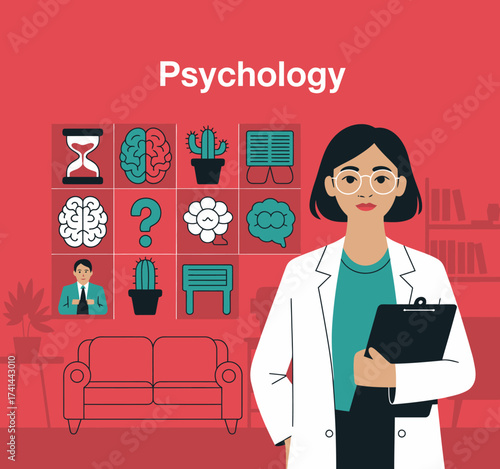 This illustration presents a confident female psychologist standing against a backdrop of various related symbols, conveying the depth and complexity of psychological insights.