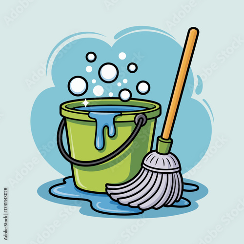 A colorful illustration depicts a bucket and mop surrounded by bubbles, showcasing cleanliness and freshness, ideal for themes related to home care and personal hygiene.