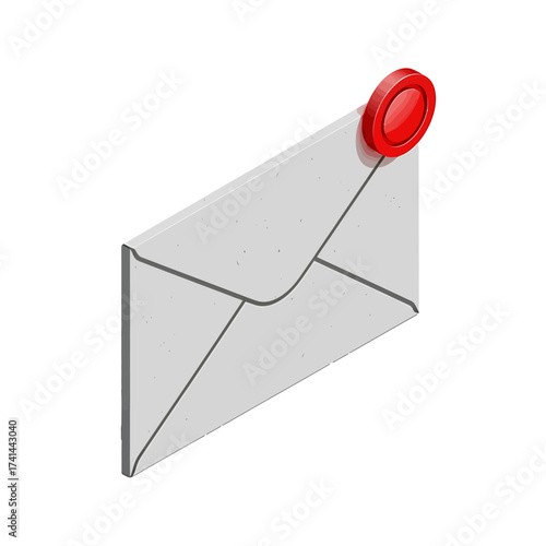 Isometric illustration of a white paper envelope with a red notification icon for a new unread message.