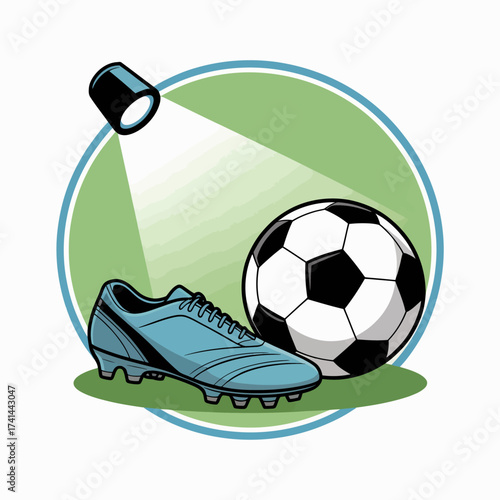A sleek blue soccer shoe is placed beside a classic black and white football, bathed in spotlight, highlighting the excitement of the sport and its vibrant atmosphere.