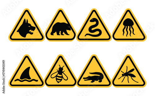 Dangerous animal warning signs: snake, shark, bee, jellyfish, mosquito, alligator, wolf, bear