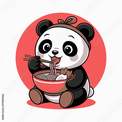 This charming panda character joyfully eats noodles, captivating the viewer with its cuteness and warmth, perfect for food-related themes or children's designs.
