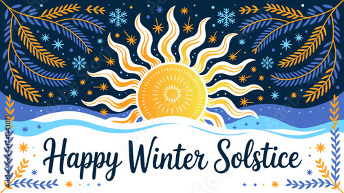 Colorful "Happy winter solstice" greeting vector card design with sun and snowflakes