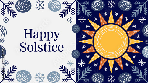 Creative "Happy solstice" greeting card featuring sun and winter elements