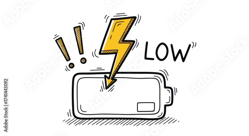 Low Battery Icon with Lightning Bolt and Exclamation Marks.