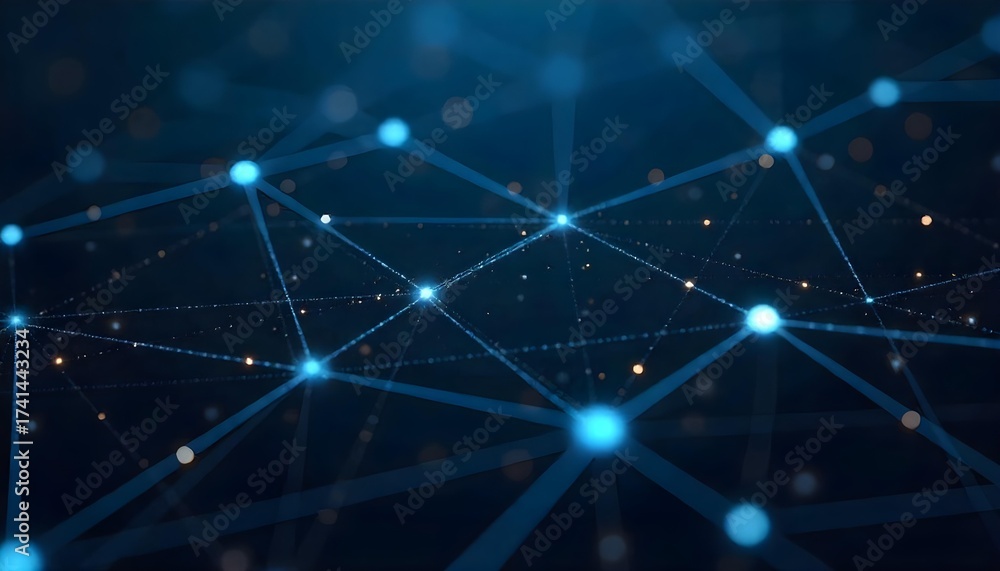 Obraz premium Abstract network of interconnected blue dots and lines, creating a sense of connectivity and data flow, against a dark blue background