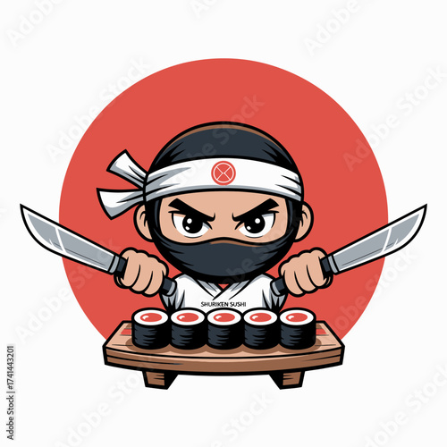 A fierce ninja chef, ready to slice sushi rolls with two knives, stands poised in a striking red circle, symbolizing precision, skill, and culinary artistry in a fun graphic style.