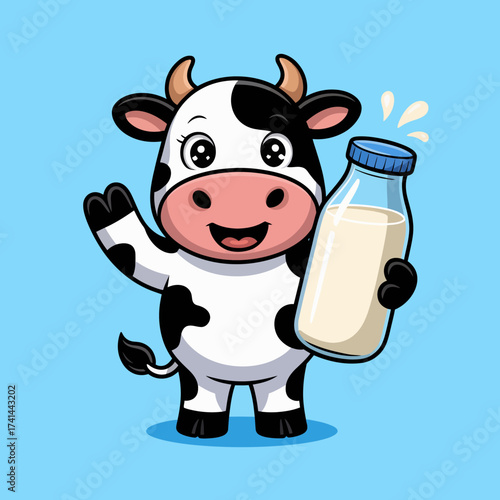 A cute, cartoonish cow happily holds a milk bottle, embodying freshness and joy, symbolizing the connection between farm life and products for our daily enjoyment.