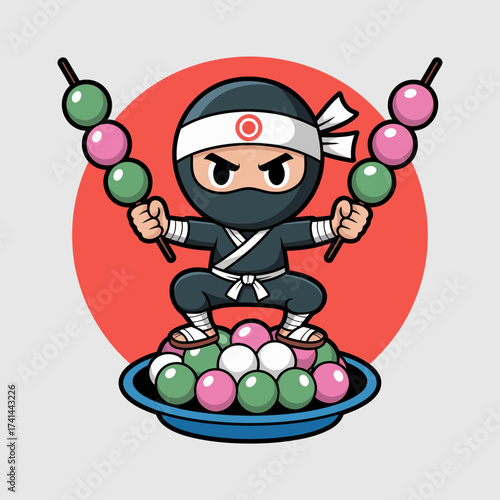 A fierce ninja character stands ready with dango, a traditional Japanese dessert, symbolizing courage and determination in a fun and colorful design.