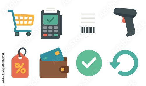 Retail symbols: shopping cart, payment processing, barcode scanner, discount tag, wallet, transaction approval