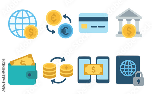 Digital finance icons: currency exchange, online banking, mobile transactions, secure wallets