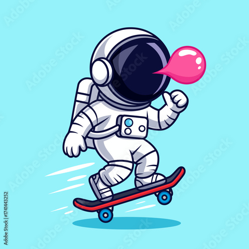 A cool astronaut skateboards with a bubble of gum, blending space adventure and urban culture, creating a playful and humorous take on space exploration.