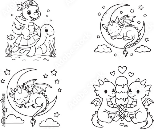 Baby dragon black and white coloring pages for teens and adults.