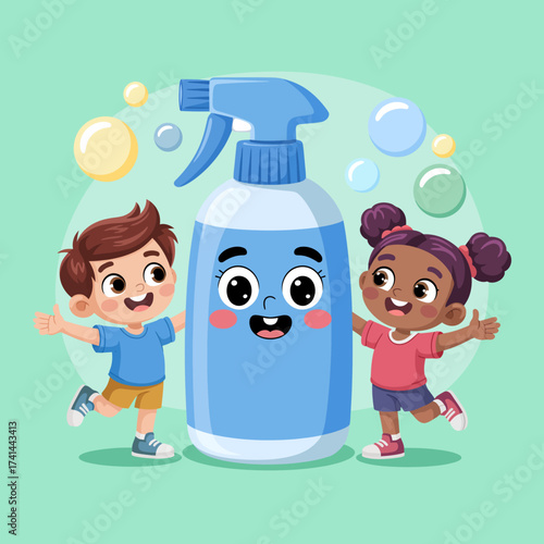 In this joyful image, two children delightfully play near a cartoon spray bottle character, celebrating cleanliness and fun, under a lively colorful background filled with bubbles.
