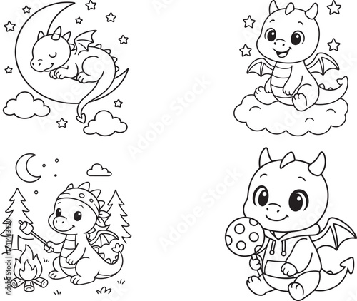 Baby dragon black and white coloring pages for teens and adults.