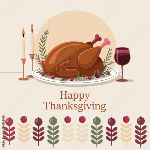 A beautifully arranged Thanksgiving dinner featuring a roast turkey, candles, and wine, embodying the spirit of gratitude and celebration during holiday festivities.