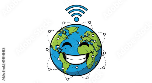 Smiling Earth with Wi-Fi Signal and Global Network Connections.