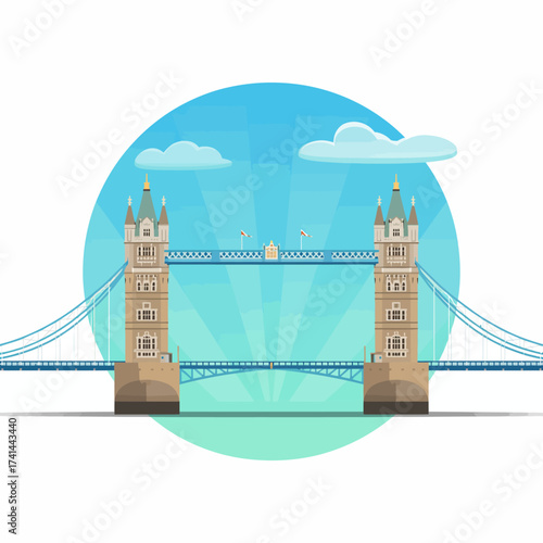 This stylized illustration showcases the iconic Tower Bridge of London, capturing its architectural beauty and significance, perfect for travel and cityscape themes.