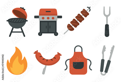 Barbecue icons set: grill, kebab, flame, sausage, tongs, skewer, apron