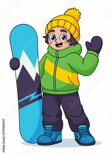 This cheerful image shows a young child in winter gear holding a snowboard, capturing the joy and excitement of winter sports and outdoor fun.