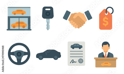 Car dealership icons set featuring agreement, vehicle, and finance elements