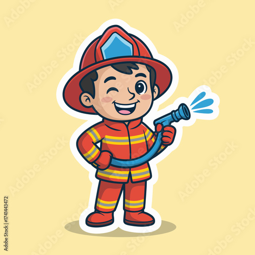 A happy young boy dressed as a firefighter confidently poses with a water hose, embodying bravery, fun, and the spirit of adventure in firefighting.