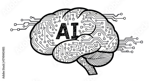 Stylized Brain with AI Text and Circuit Board Design.