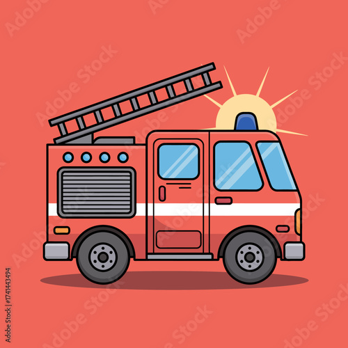 This vibrant illustration depicts a cheerful fire truck with an extended ladder, set against a sunny backdrop, symbolizing bravery and quick response in emergencies.