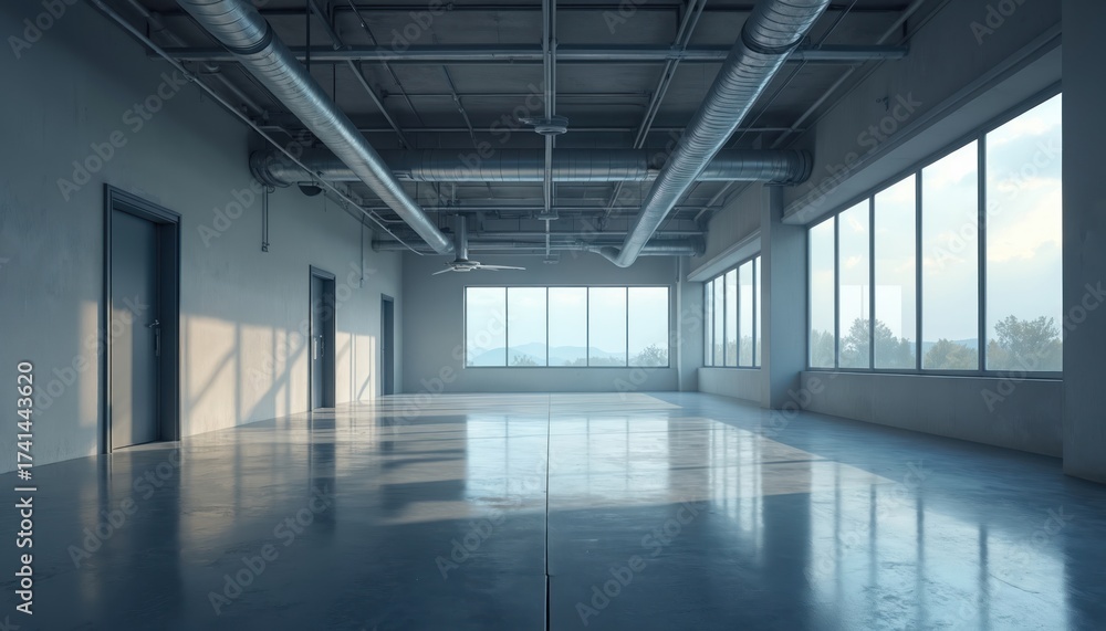 Fototapeta premium Large modern empty room features polished concrete floor, high ceilings. Exposed metal ventilation ducts visible. Big windows show green nature view outside with hills, trees. Sunlight shines inside,