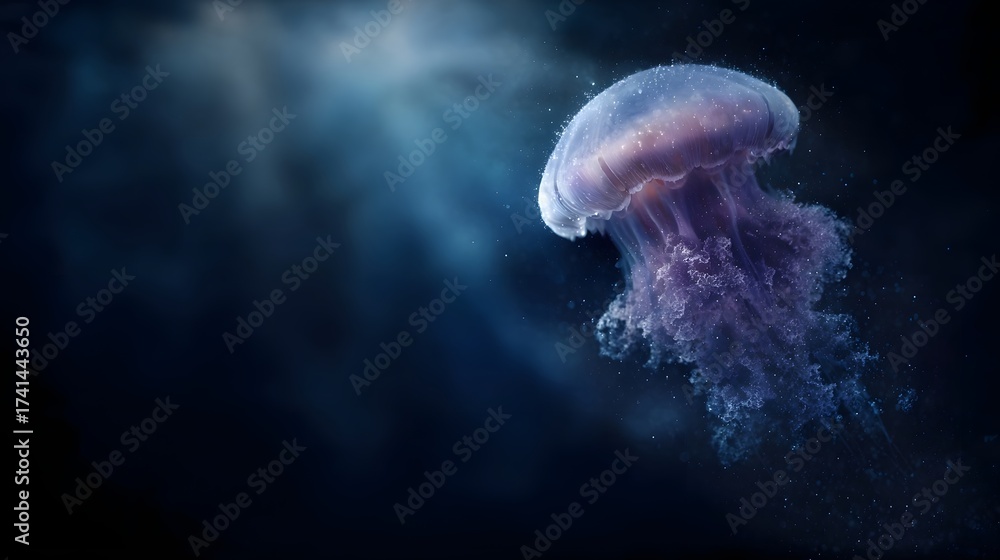 Fototapeta premium A single glowing jellyfish drifts gracefully in the dark ocean depths