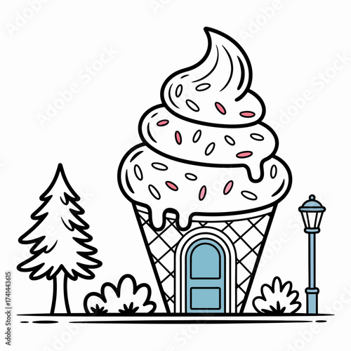 A whimsical ice cream cone shaped building sits in nature, blending playful artistry with imagination, ideal for projects focusing on fun, creativity, and unique design.