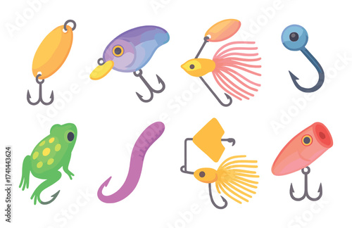 Colorful fishing lures with hooks and bright glowing designs on gradient background