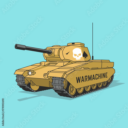 This stylized image features a tank emblazoned with a skull design, representing power, strength, and the adventurous spirit of military vehicles.