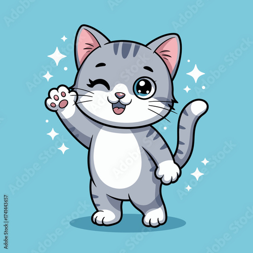 A charming grey cat with sparkling eyes waves playfully, radiating cuteness and warmth, inviting anyone who sees it to share in the joy of its delightful presence.