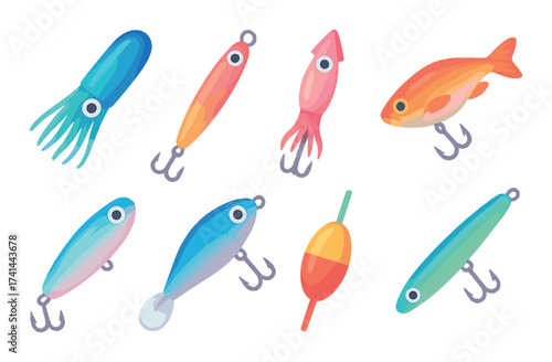 Colorful fishing lures and bobber on gradient background with hooks