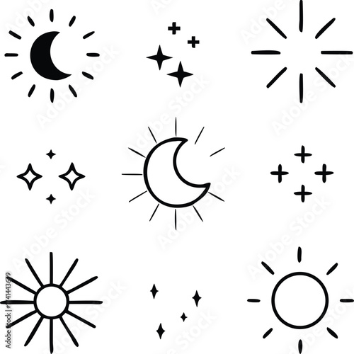 Sun and moon icons set. Dark and light mode symbol. Daytime sunset, sun, moon icon set. Vector