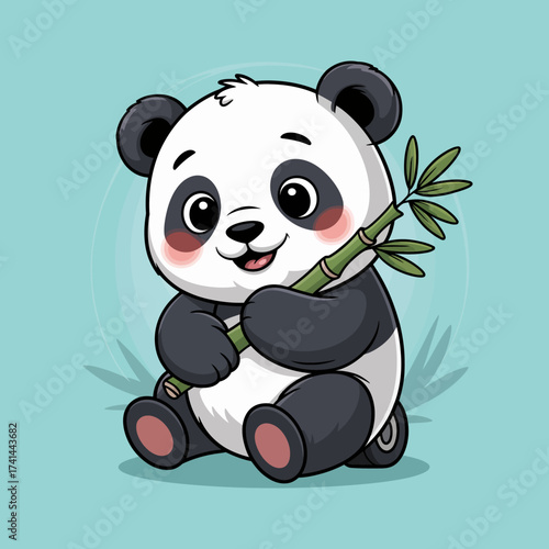 This adorable panda bear is happily holding a bamboo stick while sitting, showcasing its charming and playful nature, perfect for wildlife or children's themes.
