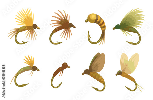 Colorful handcrafted fishing flies display on yellow background