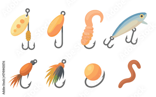 Variety of colorful fishing lures with hooks on display