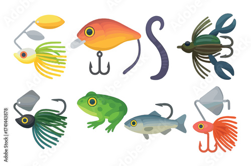 Colorful fishing lures and bait collection with frog and fish illustrations