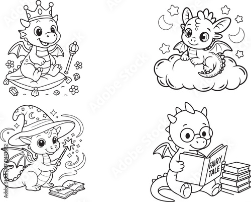 Baby dragon black and white coloring pages for teens and adults.