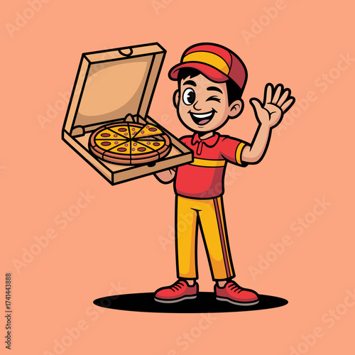 A cheerful cartoon pizza delivery boy is waving while holding a pizza box, capturing the spirit of service with a smile on a vibrant peach background, perfect for a friendly theme.