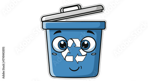 Cartoon Blue Recycling Bin with Recycle Symbol Eyes and Open Lid.