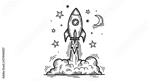 Hand-drawn rocket launching into space with stars and crescent moon.