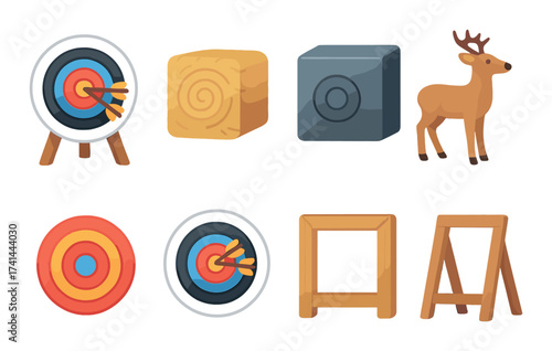 Colorful cartoon archery targets and wooden deer illustration with hay bales