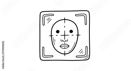 Hand-drawn illustration of a face within a facial recognition target frame.