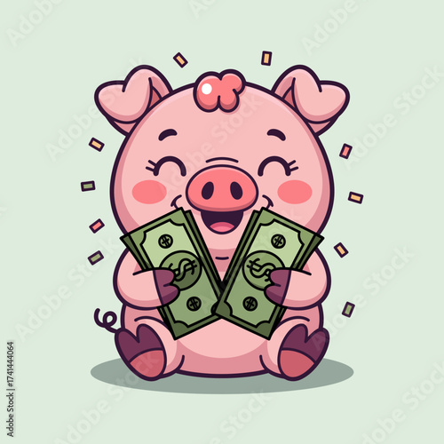 A joyful piglet holding dollar bills represents abundance and happiness, making it suitable for themes around wealth, prosperity, and the positive aspects of financial well-being.