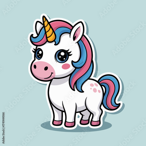 An adorable unicorn with a vibrant mane and a sparkling horn, signifying magic, fantasy, and childhood wonder, making it perfect for children's themes.